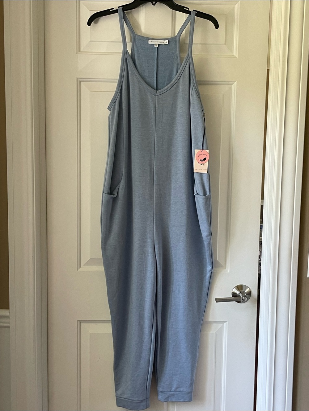 Sincerly Jules Slate Blue Relaxed Spaghetti Strap Romper Jumpsuit with Pockets